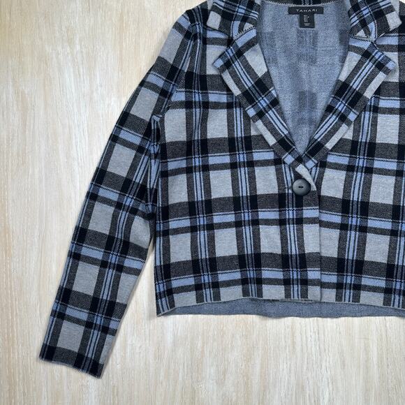 Tahari Black Gray Blue Plaid Cropped One Button Blazer Jacket Long Sleeve Large - Picture 3 of 12